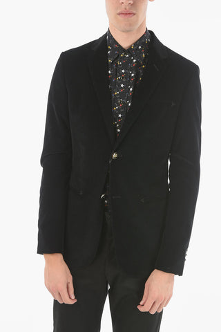 Blazer Foderato in Velour a Coste con Bottoni Logati
