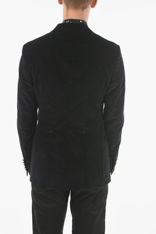 Blazer Foderato in Velour a Coste con Bottoni Logati
