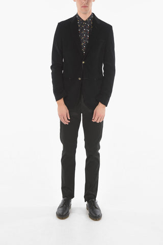 Blazer Foderato in Velour a Coste con Bottoni Logati
