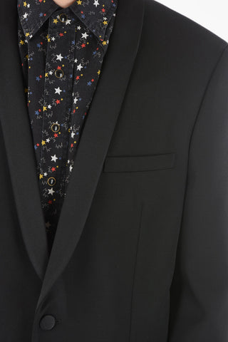 Virgin Wool one-button Blazer with Satin Shawl Lapel