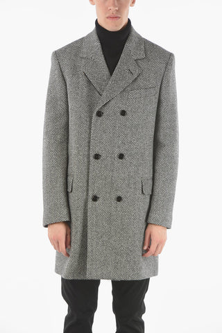 Herringbone Wool Double-breasted Peacoat with Zip and Button Fastening
