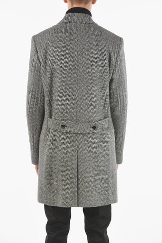 Herringbone Wool Double-breasted Peacoat with Zip and Button Fastening
