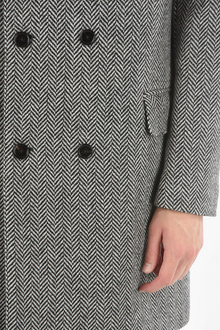 Herringbone Wool Double-breasted Peacoat with Zip and Button Fastening