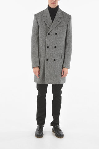 Herringbone Wool Double-breasted Peacoat with Zip and Button Fastening