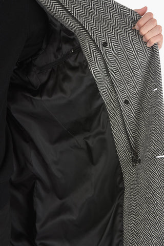 Herringbone Wool Double-breasted Peacoat with Zip and Button Fastening