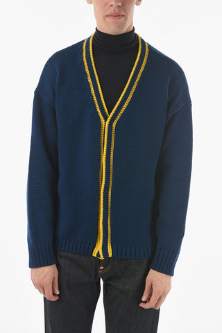 Cardigan in Maglia Intrecciata di Lana Vergine con Rifiniture a Contrasto