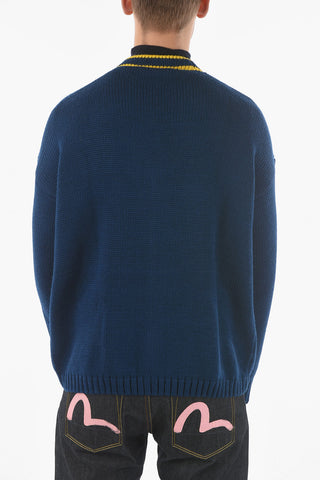 Cardigan in Maglia Intrecciata di Lana Vergine con Rifiniture a Contrasto
