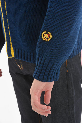 Cardigan in Maglia Intrecciata di Lana Vergine con Rifiniture a Contrasto