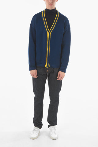 Cardigan in Maglia Intrecciata di Lana Vergine con Rifiniture a Contrasto