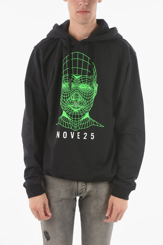 Felpa Hoodie NOVE25  in Cotone Garzato con Stampa Volto
