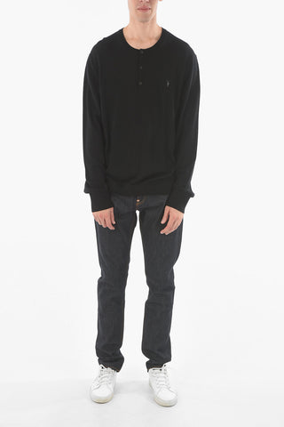 Wool 3-Buttons Henley Sweater With Embroidered Logo