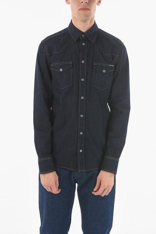 Camicia Sahariana in Denim Stretch Con Logo In Rilievo