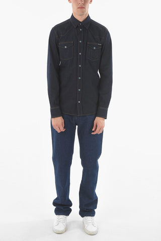Camicia Sahariana in Denim Stretch Con Logo In Rilievo