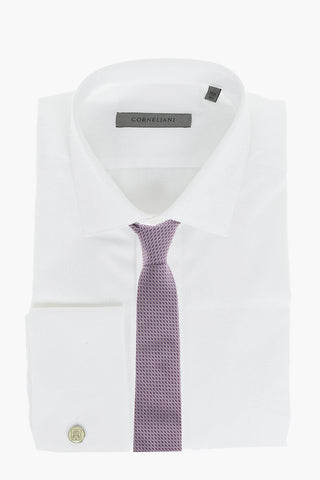 Standard Collar Jacquard Cotton Shirt with Hidden Buttoning