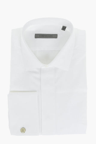 Standard Collar Jacquard Cotton Shirt with Hidden Buttoning