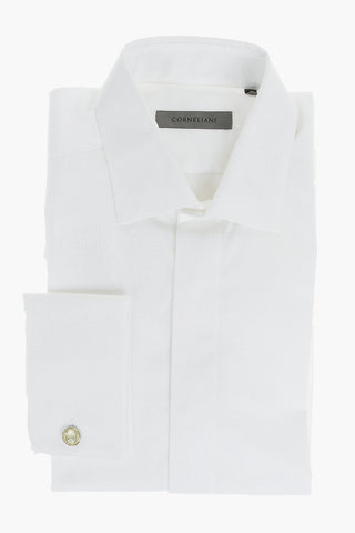 Standard Collar Jacquard Cotton Shirt with Hidden Buttoning