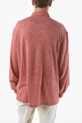 Polo Neck Long-sleeved Flax Sweater with Front Buttoning