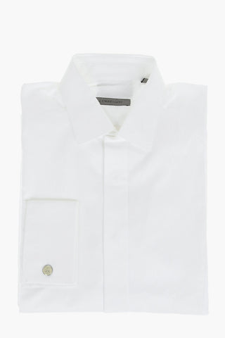 Standard Collar Birds'Eye Cotton Shirt with Hidden Buttoning