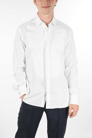 Standard Collar Birds'Eye Cotton Shirt with Hidden Buttoning