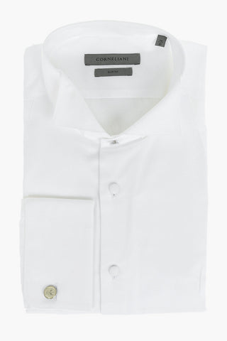 Cufflinked Wing Tip Collar Slim Fit Jacquard Cotton Shirt 