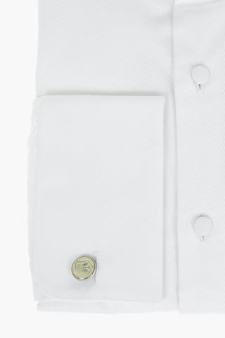 Cufflinked Wing Tip Collar Slim Fit Jacquard Cotton Shirt