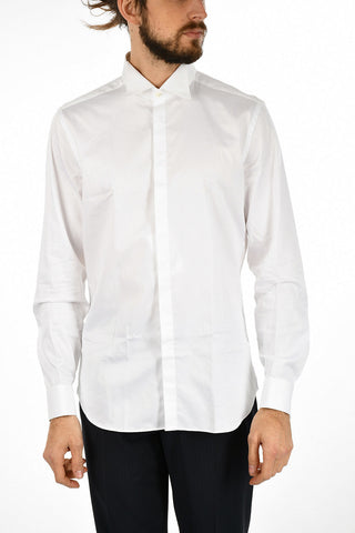 Cufflinked Wing Tip Collar Slim Fit Jacquard Cotton Shirt 