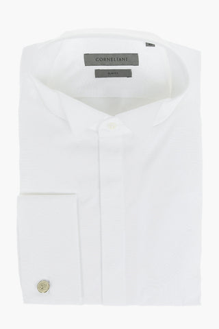 Wing Tip Collar Slim Fit Popeline Cotton Shirt with Hidden Buttoning
