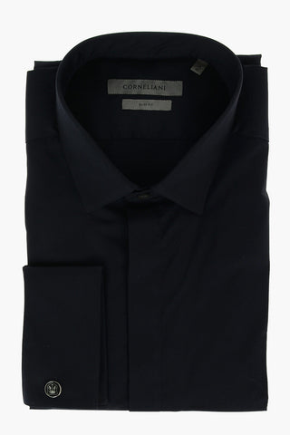 CERIMONIA Popeline Cotton Blend Slim Fit Shirt with Handkerchief
