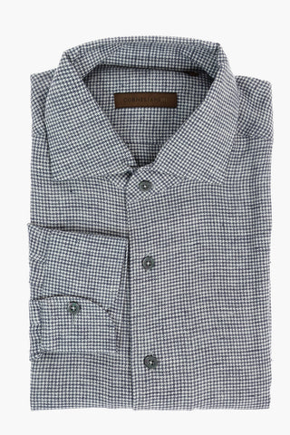ID Camicia in Lino con Collo Francese e Motivo Pied de Poule