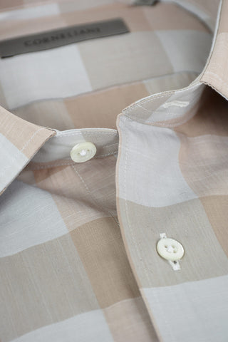 tandard Collar Ginham Patterned Fil a Fil Cotton Shirt