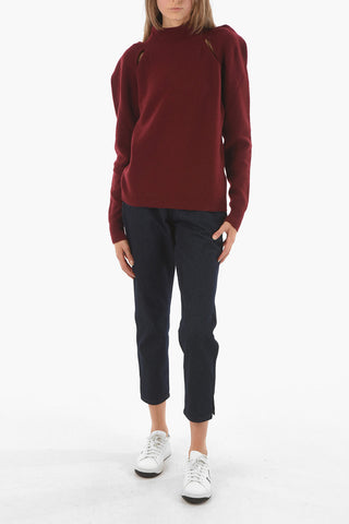 Pointed Shoulder Wool Blend Pullover with Cut-Out Details