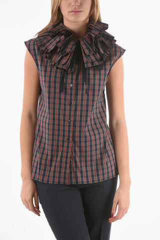Top Smanicato Tartan Con Collo Statement A Balze