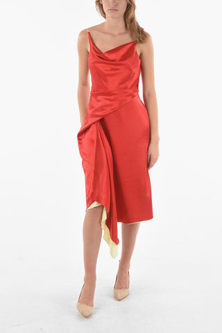 Glossy Satin FARRAH Midi Dress Draped at Waist