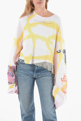 T-shirt Crop a Manica Lunga con Frange in Strass