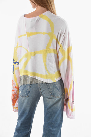T-shirt Crop a Manica Lunga con Frange in Strass