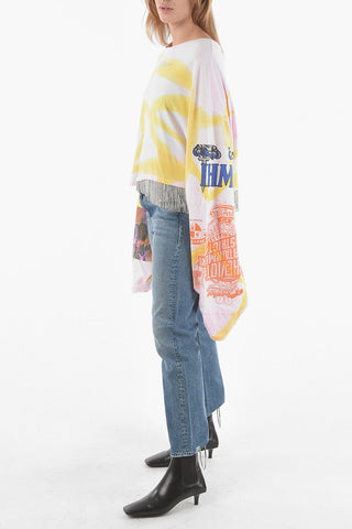T-shirt Crop a Manica Lunga con Frange in Strass