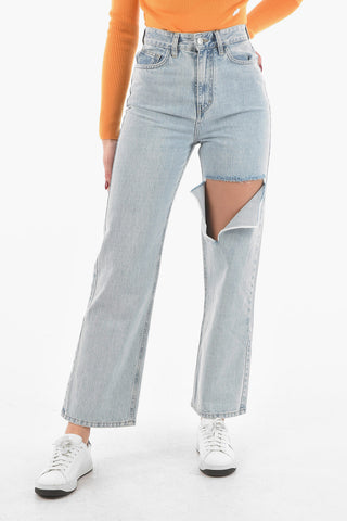 Light-Wash Flared Jeans with Cut-out Detailing at Knee
