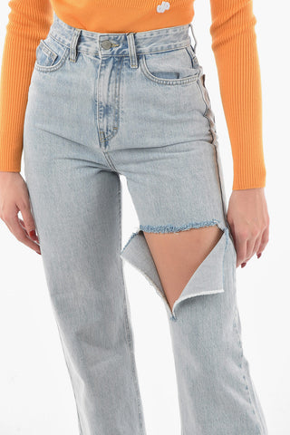 Light-Wash Flared Jeans with Cut-out Detailing at Knee