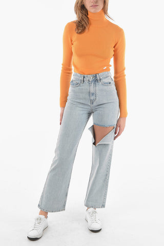 Light-Wash Flared Jeans with Cut-out Detailing at Knee