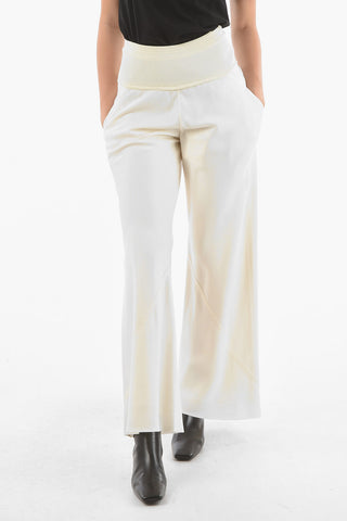 Pantaloni Flare a Vita Alta in Satin con Banda Elasticizzata a Costine