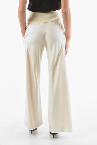 Pantaloni Flare a Vita Alta in Satin con Banda Elasticizzata a Costine