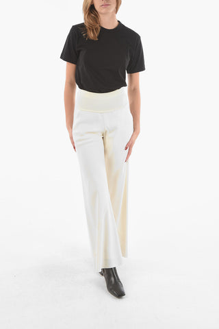 Pantaloni Flare a Vita Alta in Satin con Banda Elasticizzata a Costine