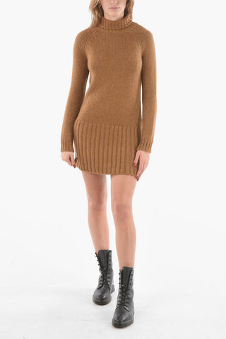 Alpaca Wool Turtle-neck Sweater Dress with Ribbed Hem