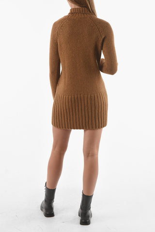 Alpaca Wool Turtle-neck Sweater Dress with Ribbed Hem