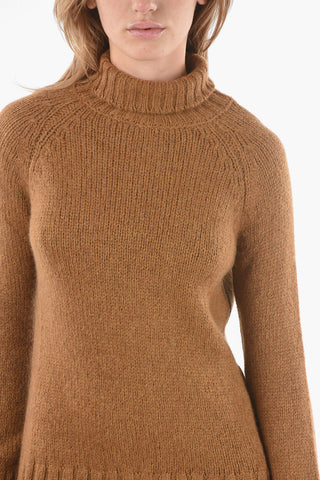 Alpaca Wool Turtle-neck Sweater Dress with Ribbed Hem