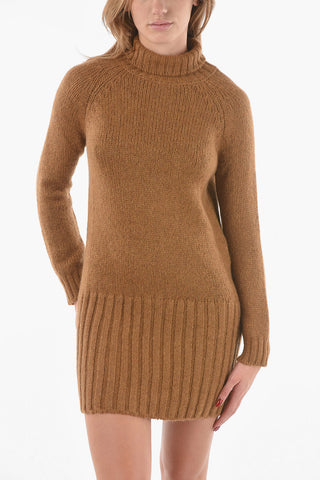 Alpaca Wool Turtle-neck Sweater Dress with Ribbed Hem