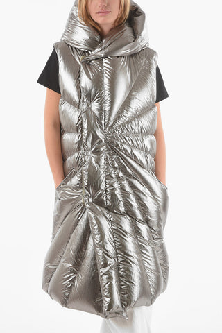 RICK OWENS X MONCLER Piumino Smanicato PORTERVILLE in Nylon Metallizzato con Cappuccio