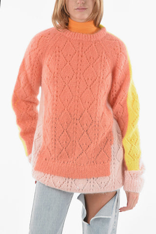 Aran Wool Crewneck Sweater in Color-block Motif