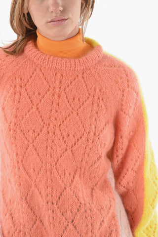 Aran Wool Crewneck Sweater in Color-block Motif