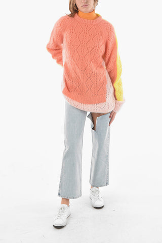 Aran Wool Crewneck Sweater in Color-block Motif